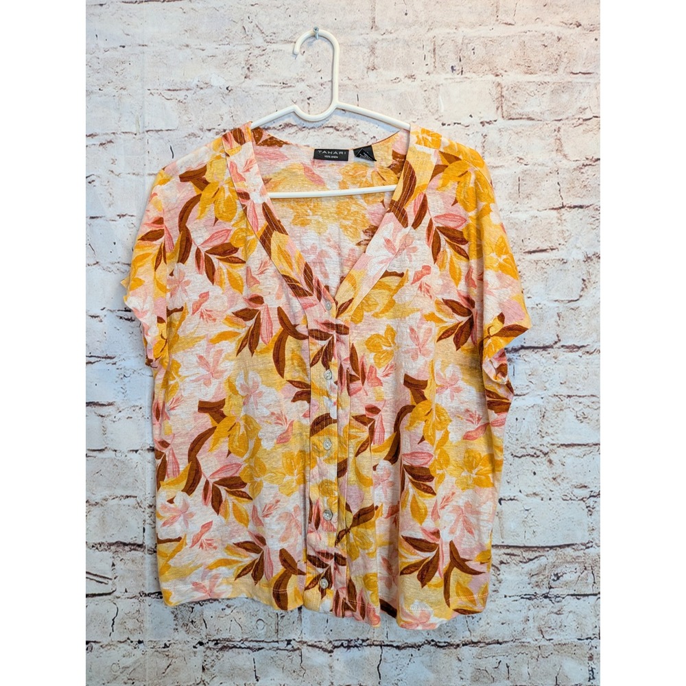 Tahari 100% Linen Tropical Floral Leaf Short Sleeve Top Button Front Size XL